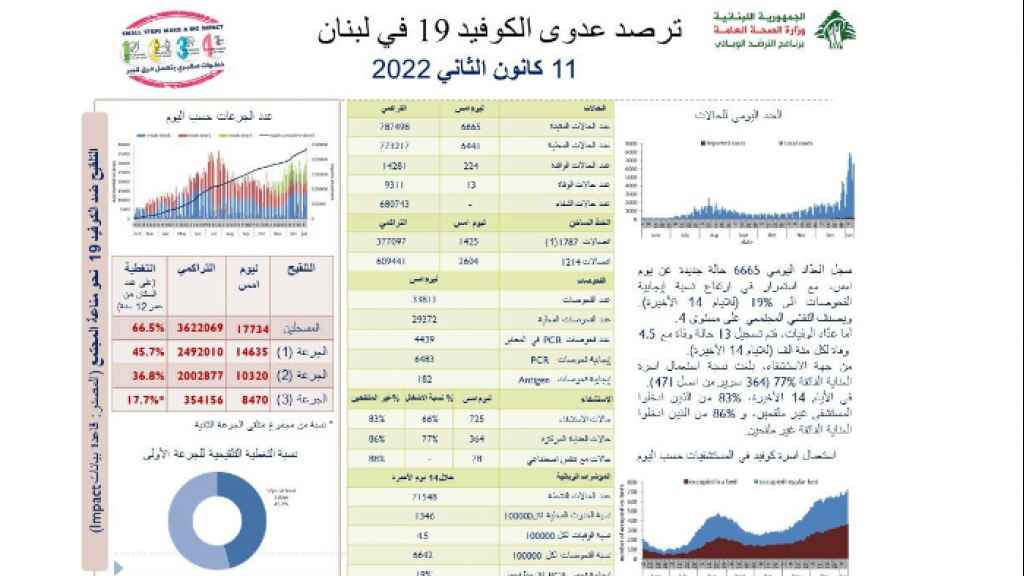 أعلنت وزارة الصحة اللبنانية الثلاثاء انه تم تسجيل 13 وفاة و6665 إصابة جديدة بفيروس كورونا خلال الـ24 ساعة الماضية.
