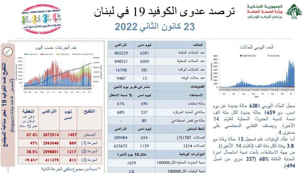 وزارة الصحة اللبنانية: 6381 إصابة جديدة بفيروس كورونا و 13 حالة وفاة