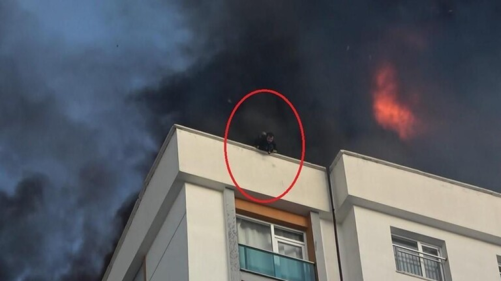 بالفيديو - رجل إطفاء تركي يخلص نفسه من نيران حاصرته على سطح بناية