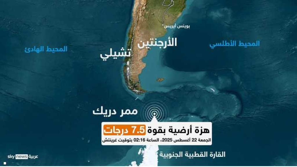 زلزال بقوة 7.5 درجات يضرب قبالة سواحل تشيلي الجنوبية