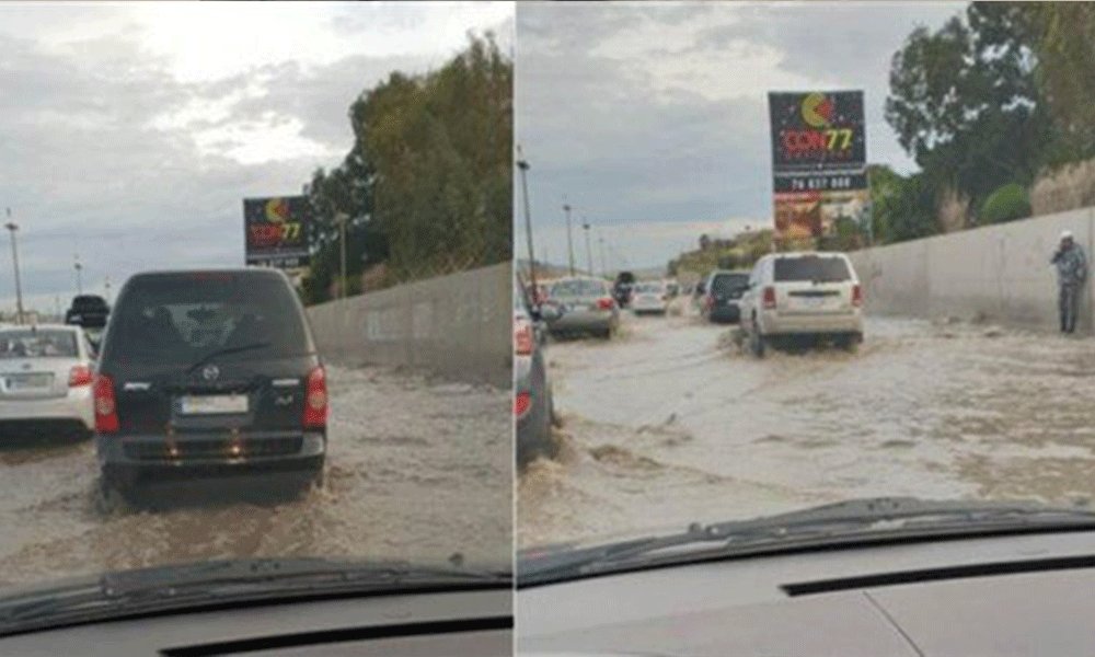 بالصورة: تراكم المياه في نفق المطار وفي شوارع حي السلم